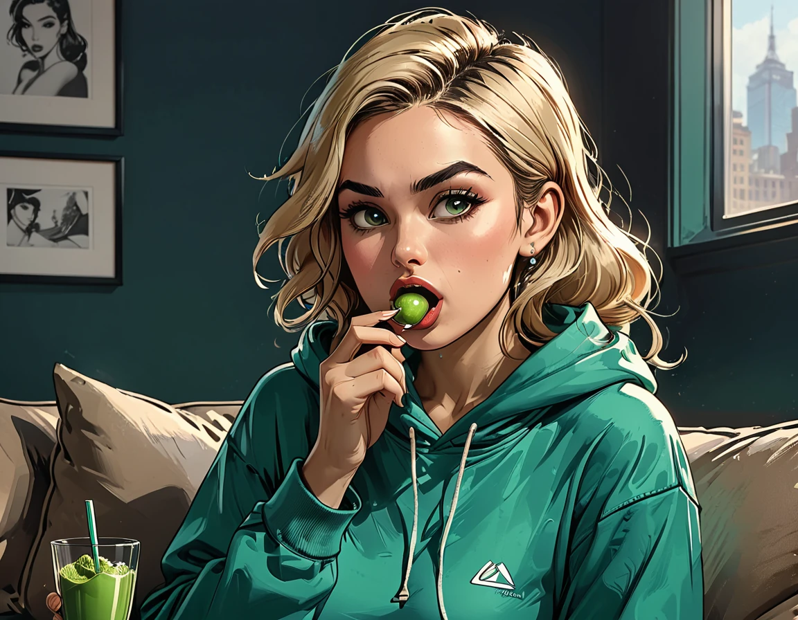 verde ((perla)) en las manos,portrait girl eating a verde perla in (sudadera con capucha azul de gran tamaño) and black Elastic shorts sits at sofa at dark verde office, (boca abierta), Adulto, [nórdico], Cuerpo fitness alargado con curvas, piel de oliva perfecta, cara ovalada, cuello largo, Hombros redondeados, mano perfecta, Orejas puntiagudas adjuntas., frente redonda, Pelo corto rubio con ondas de duendecillo, nariz chata, cejas arqueadas, Pómulos altos, redondos y estrechos., mejillas con hoyuelos, barbilla redondeada, mandíbula redondeada, Labios desnudos completos, Look de maquillaje desnudo, Pestañas largas, estilo gráfico de cómics novedosos, 2D, 8K, hyperrealism, obra maestra, Alta resolución, mejor calidad, ultra detallado, Súper realista, Arte hiperrealista, Alta calidad, resolución ultraalta, más detallado, muchos detalles, Detalles de extremadamente alta resolución, increíblemente realista, vistoso, luz cinematográfica suave,