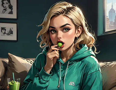 green ((pearl)) at hands,portrait girl eating a green pearl in (Blue oversized hoodie) and black Elastic shorts sits at sofa at ...