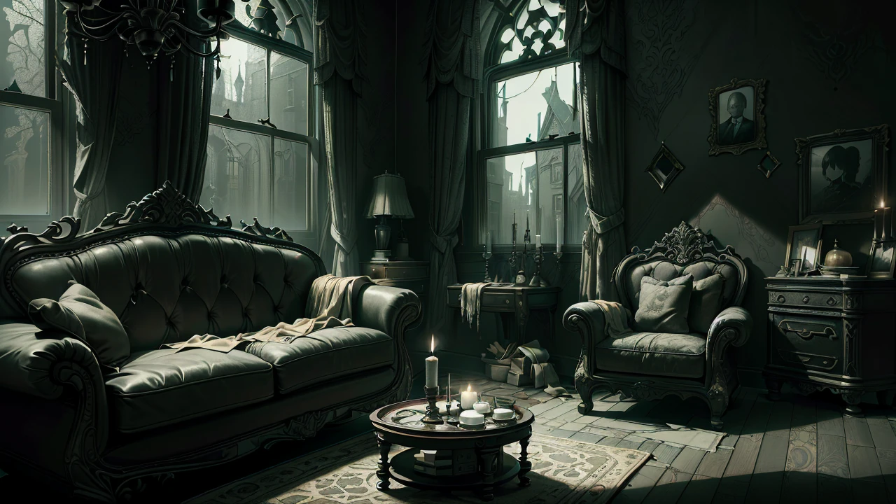 (Interior design) (Masterpiece artwork) (ultra realisitic) (cru) (photo of the entire room) (Messy) (Gothic sofa, rocking chair, window) (old house, torn wallpaper) (Wide lens) (an old gothic horror room) (blood on the wall) (tenebrosa) (candles) (candlelit) (paranormal feelings) (anamorphic lens) (night time) (haunted) (grimy) (godrays) A boy and a lady sitting on the sofa