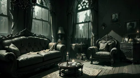 (Interior design) (Masterpiece artwork) (ultra realisitic) (cru) (photo of the entire room) (Messy) (Gothic sofa, rocking chair,...