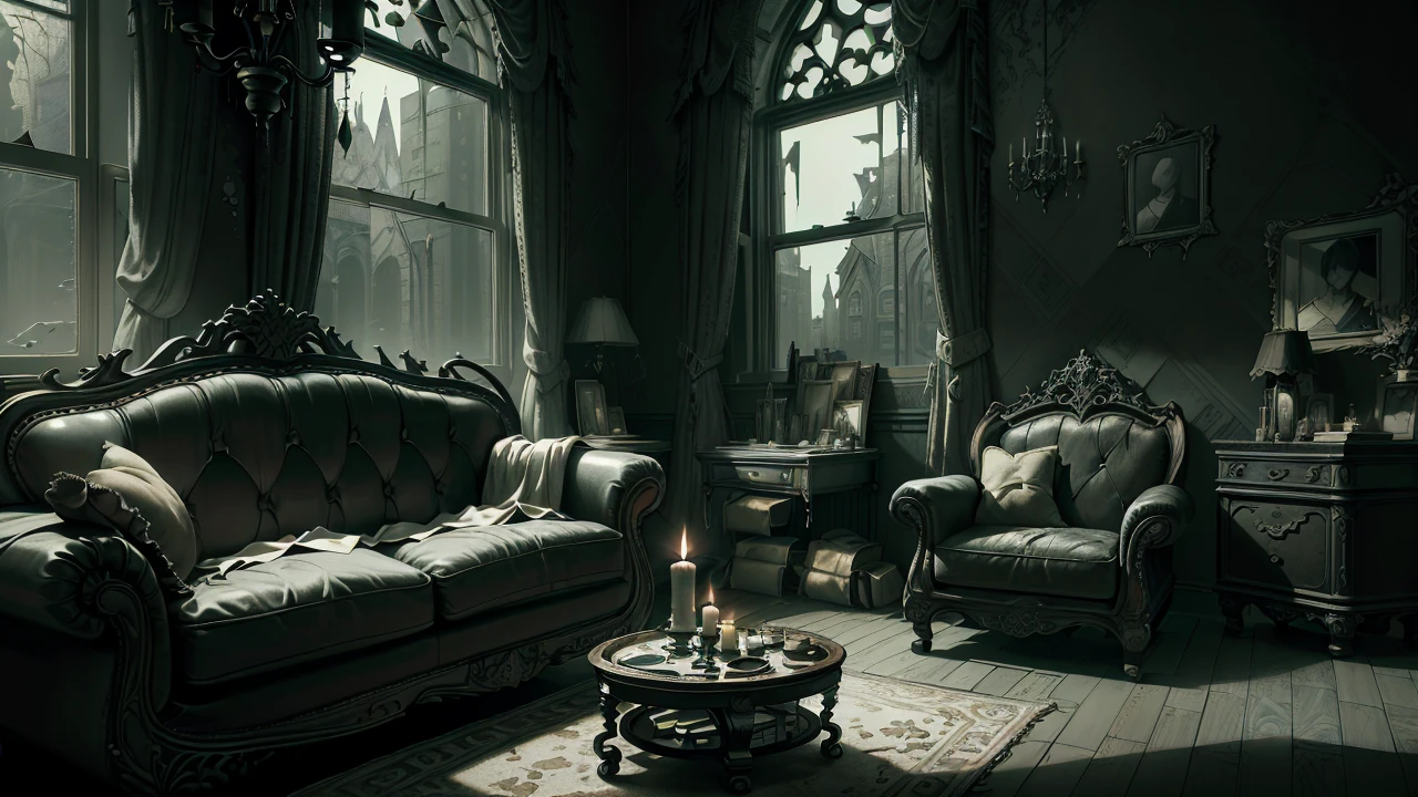 (Interior design) (Masterpiece artwork) (ultra realisitic) (cru) (photo of the entire room) (Messy) (Gothic sofa, rocking chair, window) (old house, torn wallpaper) (Wide lens) (an old gothic horror room) (blood on the wall) (tenebrosa) (candles) (candlelit) (paranormal feelings) (anamorphic lens) (night time) (haunted) (grimy) (godrays) A boy and a lady sitting on the sofa