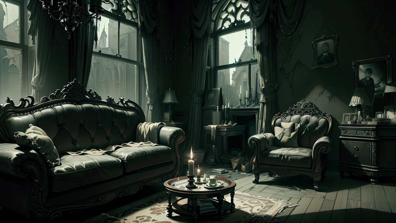 (Interior design) (Masterpiece artwork) (ultra realisitic) (cru) (photo of the entire room) (Messy) (Gothic sofa, rocking chair, window) (old house, torn wallpaper) (Wide lens) (an old gothic horror room) (blood on the wall) (tenebrosa) (candles) (candlelit) (paranormal feelings) (anamorphic lens) (night time) (haunted) (grimy) (godrays) A boy and a lady sitting on the sofa
