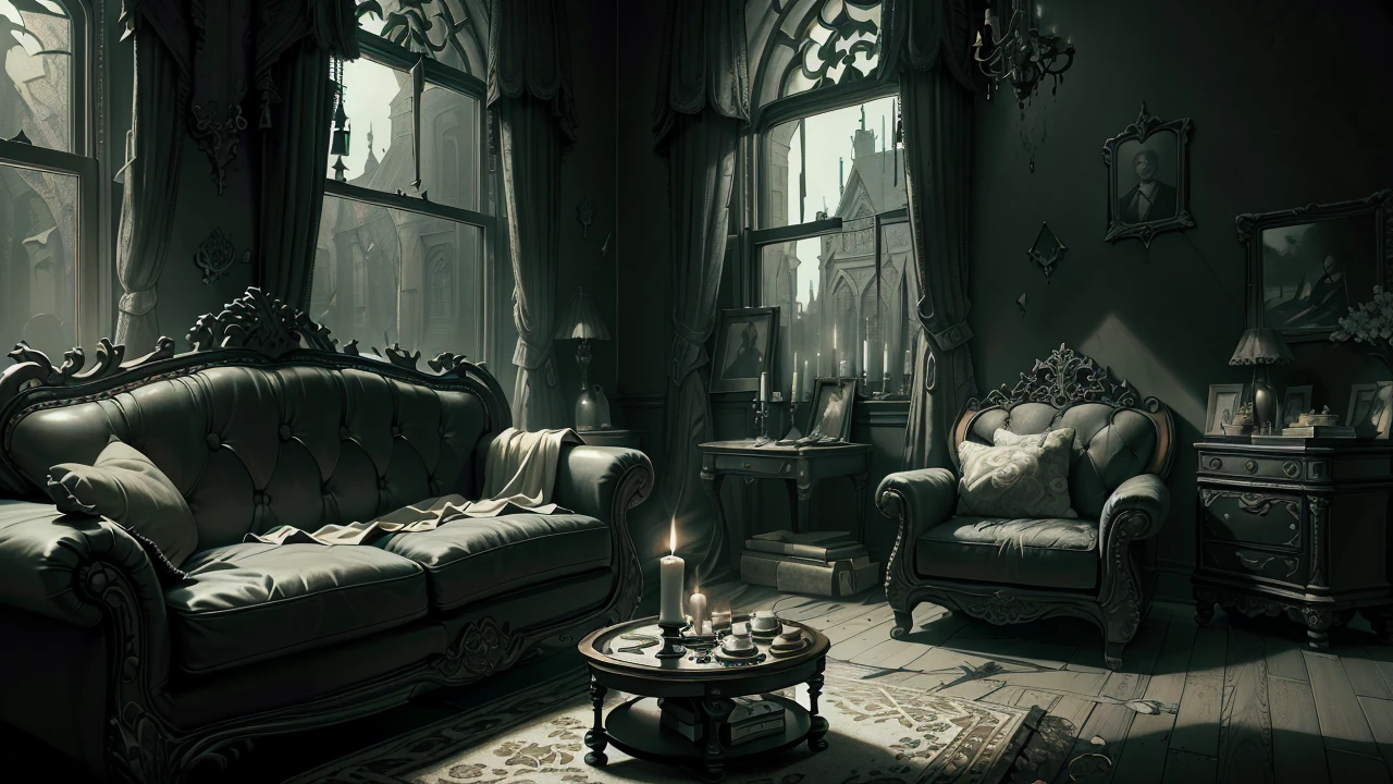 (Interior design) (Masterpiece artwork) (ultra realisitic) (cru) (photo of the entire room) (Messy) (Gothic sofa, rocking chair, window) (old house, torn wallpaper) (Wide lens) (an old gothic horror room) (blood on the wall) (tenebrosa) (candles) (candlelit) (paranormal feelings) (anamorphic lens) (night time) (haunted) (grimy) (godrays) A boy and a lady sitting on the sofa