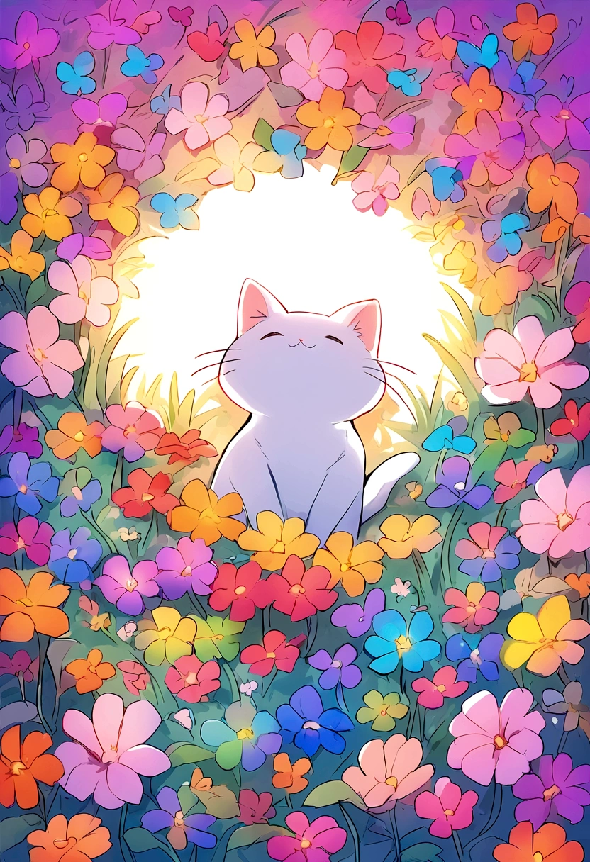 一隻小貓躺在花叢中 ，没有字符
