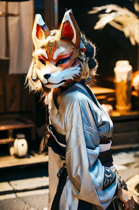 woman with furry face、fox mask、fox ears、white kimono、shout、night、japan road、shrine、low - angle、dynamic composition、background bl...