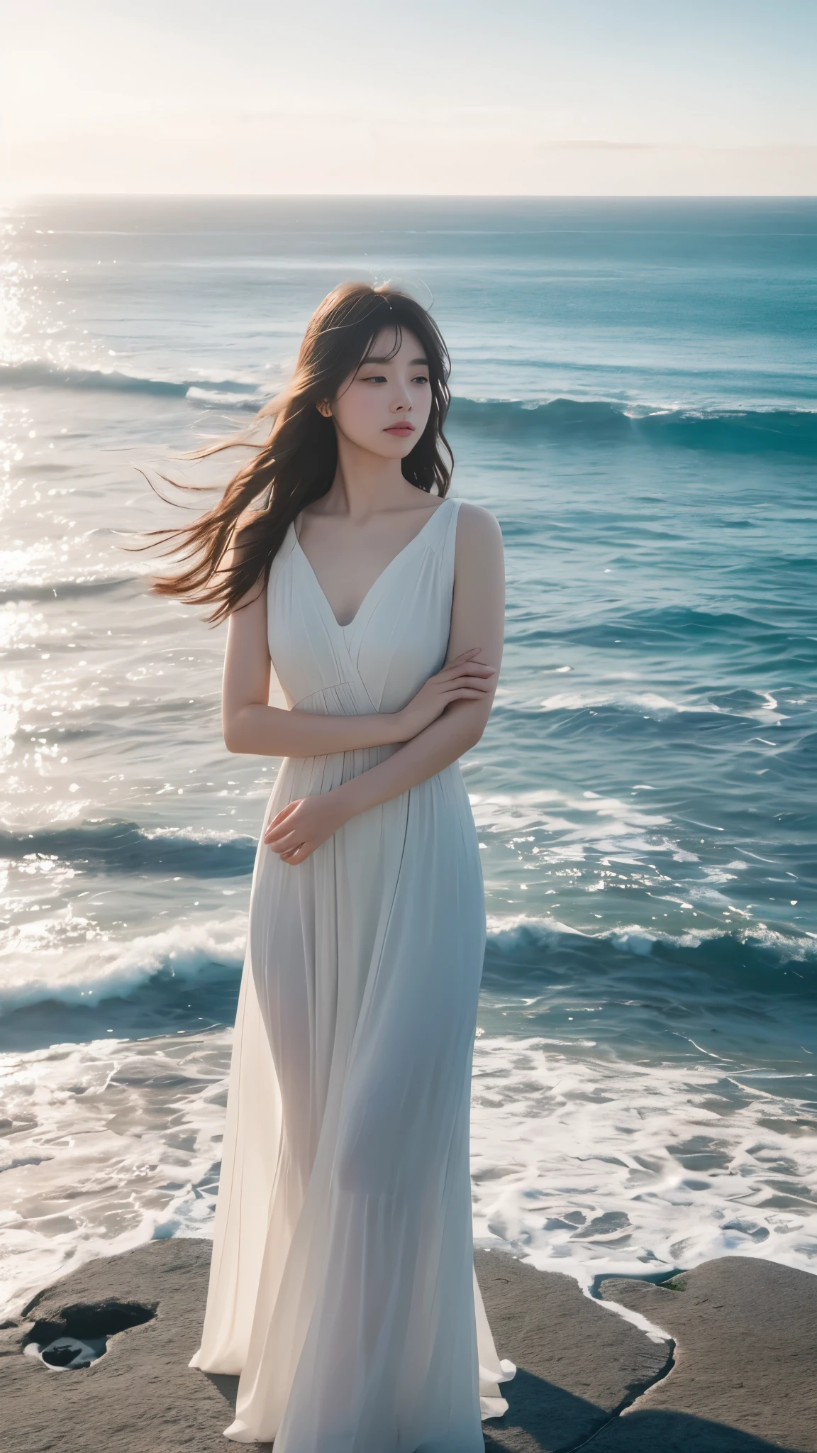 A  young woman standing on a cliff by the sea, hugging herself with a slightly sad expression. She wears a simple white dress, her hair blowing in the wind as she gazes out at the vast ocean, as if longing for something. The background is a sunny seascape, with the distant horizon gradually obscured by dusk. A melancholic girl standing on a cliff overlooking the ocean, contemplating the loss of her love, photorealistic, highly detailed, cinematic lighting, dramatic, emotional, wistful, serene, by Artgerm, James Jean, trending on artstation