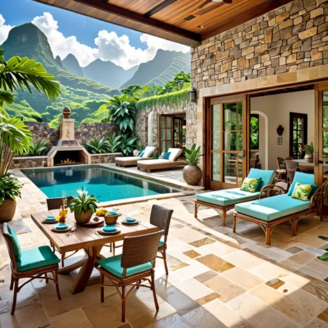 create a luxurious and tropical courtyard with an inviting pool. the setting should feature rustic stone walls, large wooden doo...