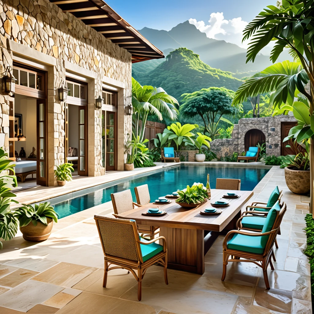 Create a luxurious and tropical courtyard with an inviting pool. The setting should feature rustic stone walls, large wooden doors, and a view of lush greenery and mountains in the background. Include comfortable outdoor seating with woven rattan chairs, a small dining table, and tropical plants around the pool area. The pool should have clear, turquoise water and a serene atmosphere, capturing the essence of a tropical paradise.
