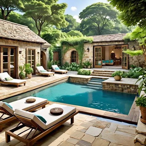 Design a cozy and rustic courtyard with a natural pool. The courtyard should have a charming, aged appearance with stone walls a...