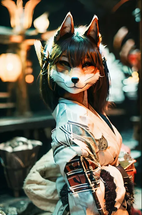 woman with furry face、fox mask、fox ears、white kimono、shout、night、japan road、shrine、low - angle、dynamic composition、background bl...