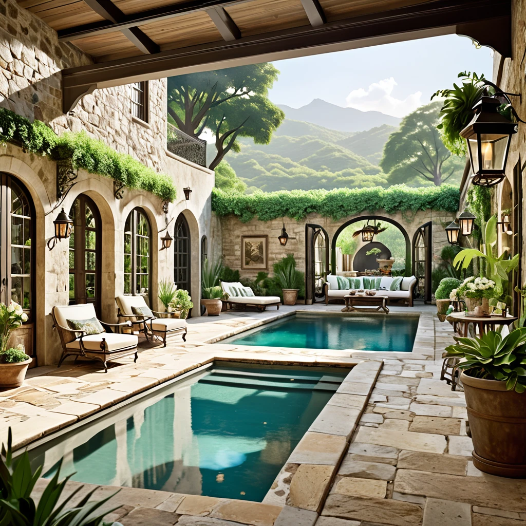 Generate a vintage-inspired courtyard scene featuring a picturesque pool. The courtyard should have weathered stone walls, large wooden doors, and a mix of vintage furniture. Include wrought iron chairs and tables, antique-style lanterns, and an assortment of potted plants. The pool should have a timeless look with clear, reflective water, and the overall atmosphere should be nostalgic and tranquil, with a view of lush greenery and mountains in the background.
