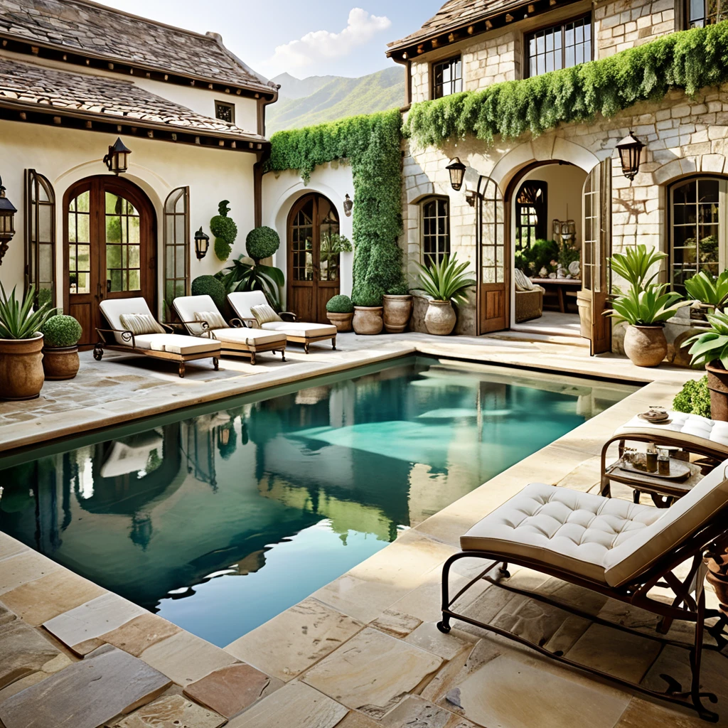 Generate a vintage-inspired courtyard scene featuring a picturesque pool. The courtyard should have weathered stone walls, large wooden doors, and a mix of vintage furniture. Include wrought iron chairs and tables, antique-style lanterns, and an assortment of potted plants. The pool should have a timeless look with clear, reflective water, and the overall atmosphere should be nostalgic and tranquil, with a view of lush greenery and mountains in the background.
