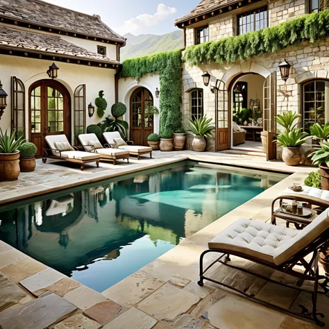 generate a vintage-inspired courtyard scene featuring a picturesque pool. the courtyard should have weathered stone walls, large...