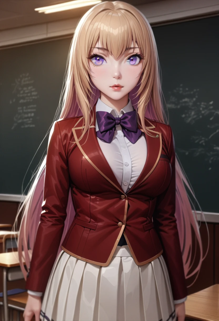 photo, 8k, intricate, elegant, highly detailed, majestic, digital photography, (masterpiece, finely detailed beautiful eyes : 1.2), hdr, realistic, high resolution, (best quality, masterpiece:1.2), ultra detailed, (anime), 1girl, ichinose honami, purple eyes , long hair, blonde hair,, middle breasts, lips, (solo), (looking at viewer), standing, (front view), (classroom:1.3), bow tie, red jacket, white skirt, pleated skirt
