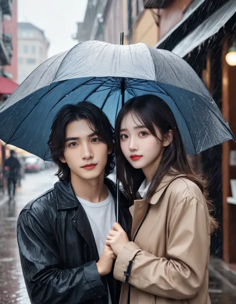 A man giving an umbrella to his girlfriend, (perfect umbrella shape), ((realistic, masterpiece, Best Quality, 8K, high resolutio...