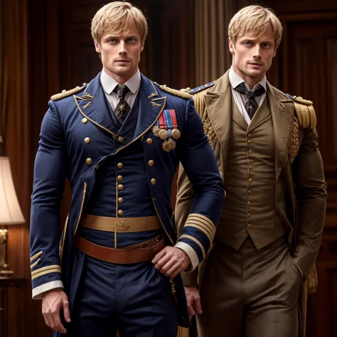 bradley james handsome victorian captain. the captain is 55 years old, muscular, blond, dressed in a ceremonial uniform, tight-f...