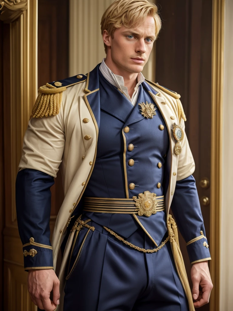 Bradley James handsome Victorian captain. The captain is 55 years old, muscular, blond, dressed in a ceremonial uniform, tight-fitting to his body and showing his muscles, buttoned up with all the buttons. His dreamy gaze is directed into the distance. The fly in the trousers is unbuttoned. Big and thick dick.