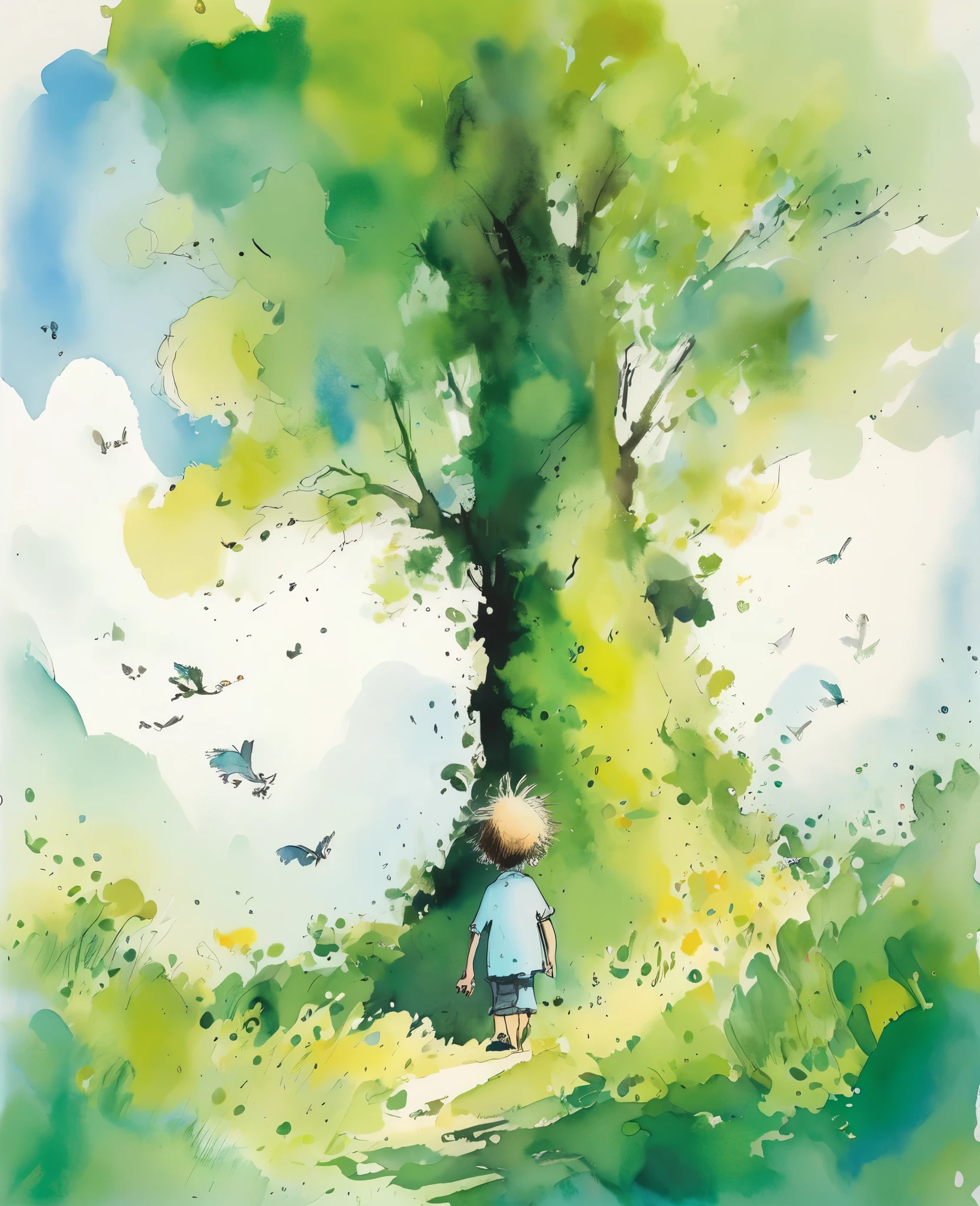 Photo style Quentin Blake 、Le matin où le ciel était si bleu que les nuages blancs ont disparu、Portrait、haute résolution、La forêt verte brille en blanc、la plus haute qualité、chef-d&#39;œuvre、très détaillé