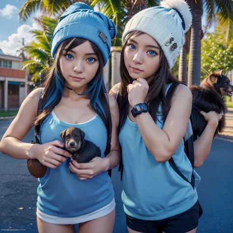 Anime Girl (((Backpack))) and (((Four dogs in the coconut grove))), ((((Blue Eyed Girl)))), (((The girl is wearing a beanie))), ...