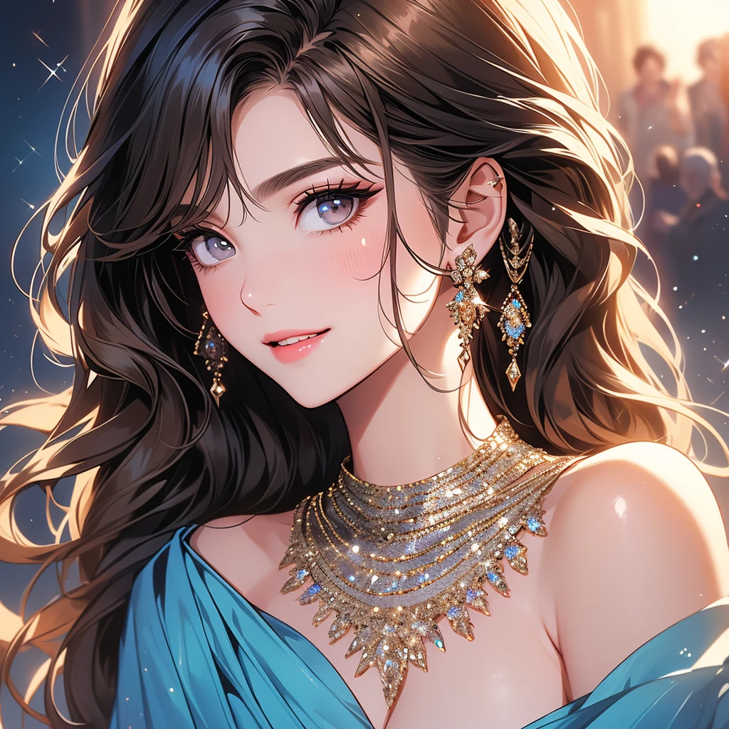 (It is a photo of the upper body), beautiful face, Highly detailed face and skin texture, (fine eyes), brown eyes, double eyelid, thin eyebrows, glitter eyeliner: 1.2, natural cheeks, shiny skin, Fair skin, (((wearing evening dress))), sparkly earrings, (glossy lips: 1. 4), (enchanting smile), (20-year-old), (wavy hair, diagonal bangs), short hair, head band, ((upper body shot)), ((focus on chest and face)), off shoulder、huge breasts, looking at viewer, smiling