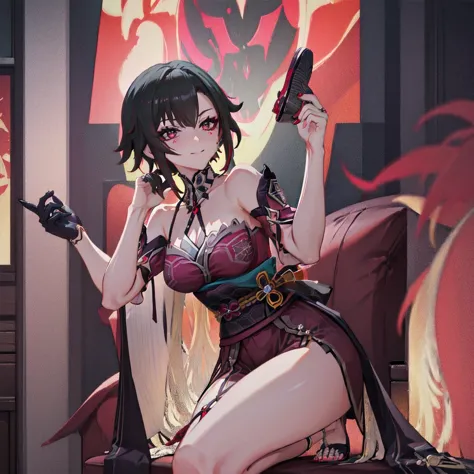 1girl, fire sparks (honkai: starchasm), twin tails, hair accessories, alone, off-shoulder kimono, mask on head, detached sleeves...