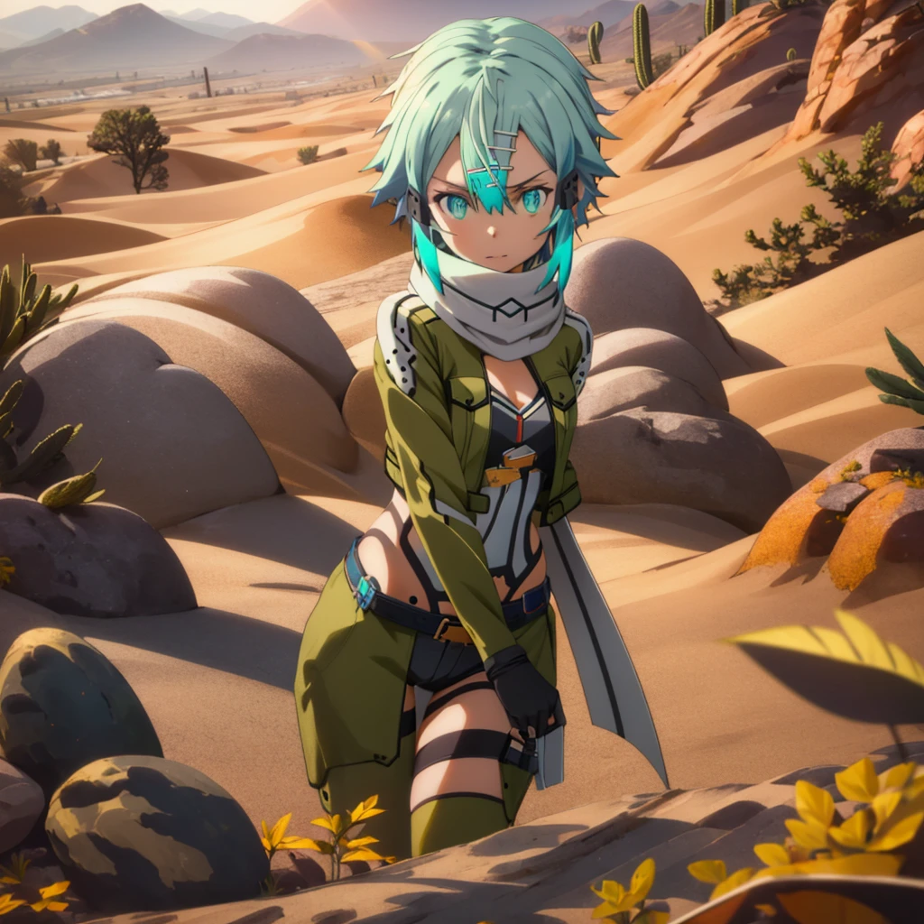 "masutepiece, Intricate details, Vibrant colors, (1 girl: 1.2), EPsoaSinon, (Wear a scarf and fingerless gloves, long sleeves, short shorts, hair ornament, hairclip, green thighhighs, green jacket, thigh strap, hold the pistol), half body shot, Attractive glowing light blue eyes, Background in the desert, cactus, sand, dust, hot sun rays, With incredible 8K resolution."