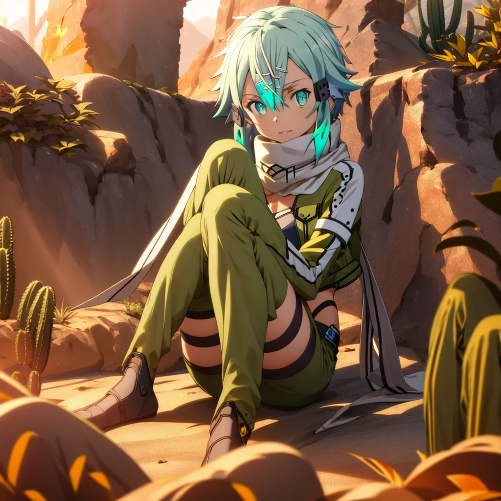 "masutepiece, Intricate details, Vibrant colors, (1 girl: 1.2), EPsoaSinon, (Wear a scarf and fingerless gloves, long sleeves, short shorts, hair ornament, hairclip, green thighhighs, green jacket, thigh strap, hold the pistol), half body shot, Attractive glowing light blue eyes, Background in the desert, cactus, sand, dust, hot sun rays, With incredible 8K resolution."