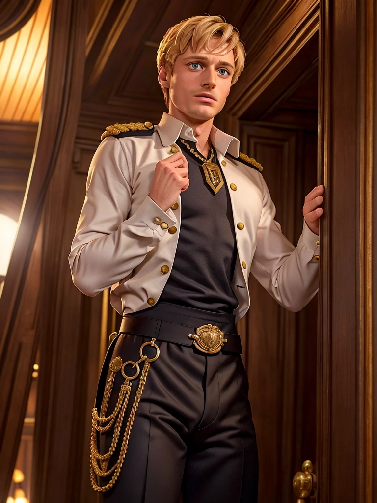 Bradley James handsome Victorian captain. The captain is 55 years old, muscular, blond, dressed in a ceremonial uniform, tight-fitting to his body and showing his muscles, buttoned up with all the buttons. His dreamy gaze is directed into the distance. The fly in the trousers is unbuttoned. Big and thick dick.