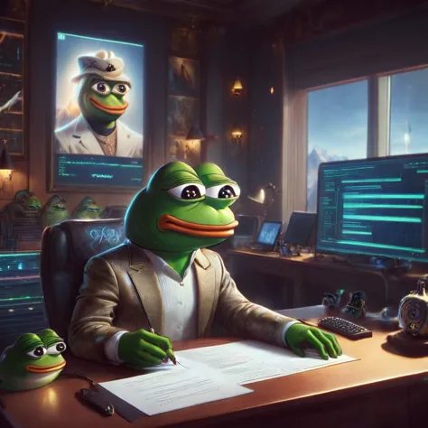 pepe the frog, auditing a contract in solana blockchain, 1boy, frog face, sitting at desk, digital art, intricate details, cinem...