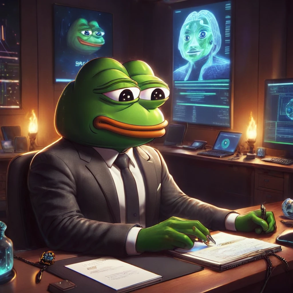 Pepe the frog, auditing a contract in solana blockchain, 1boy, frog face, sitting at desk, digital art, intricate details, cinematic lighting, warm tones, solana blockchain interface, high-quality, photorealistic, 8k, award winning digital art