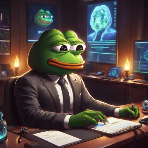 pepe the frog, auditing a contract in solana blockchain, 1boy, frog face, sitting at desk, digital art, intricate details, cinem...