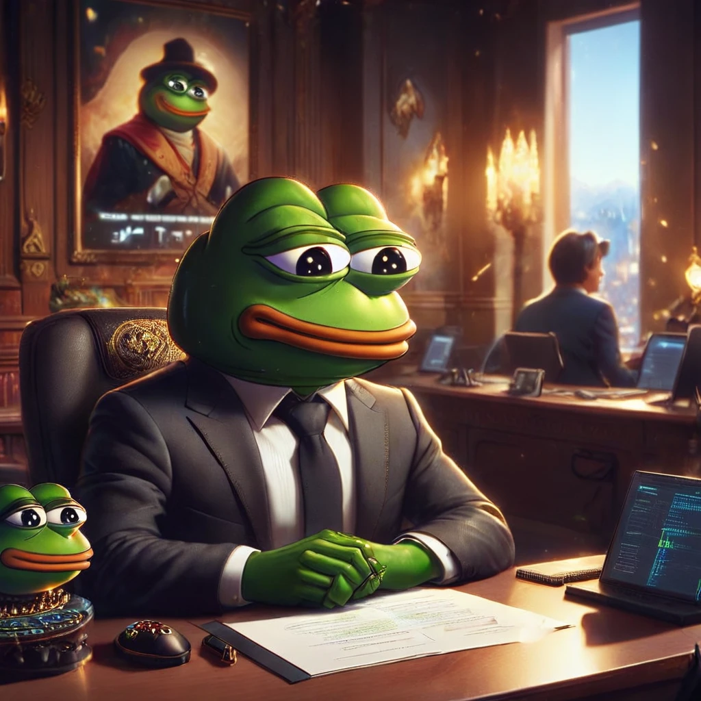 Pepe the frog, auditing a contract in solana blockchain, 1boy, frog face, sitting at desk, digital art, intricate details, cinematic lighting, warm tones, solana blockchain interface, high-quality, photorealistic, 8k, award winning digital art