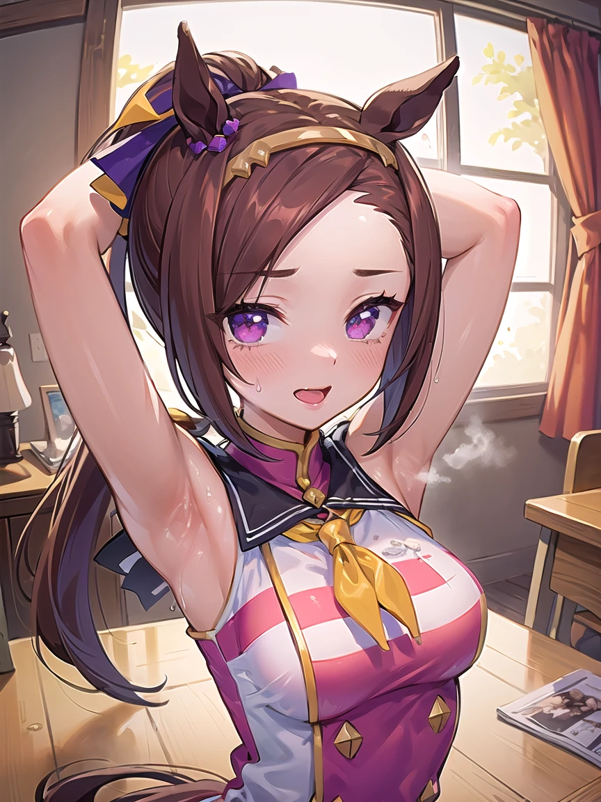 ((masterpiece,best quality)),high resolution,ultra detailed, detailed background,8k,16k,perfect lighting,detailed beautiful eyes,1girl,solo,nsfw,embarrassed,blush,look at viewer,steam,sweat,fisheye lens,happy smile,watery eye,(arms up,show off armpits,upper body:1.3), (cum on armpits:1.2),wavy mouth,open mouth,long nipple,topless,purple hair, eyes,short stature,ponytail,horse ear,medium breast,brown hair,kawaii,wooden house,short stature,anime style, Sakura Bakushin O (umamusume),