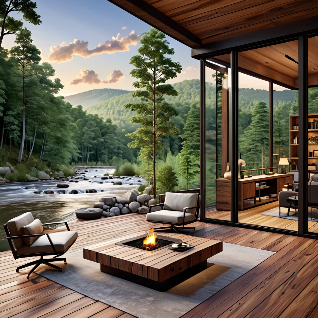 Diseñe un refugio moderno en una cabaña con impresionantes vistas a la montaña y al río.. El entorno debe contar con una elegante terraza de madera con muebles contemporáneos., Incluye sillas minimalistas y una mesa de café moderna.. Incorpora una iluminación suave para crear un ambiente relajante.. Mejore la belleza natural con plantas en macetas ubicadas estratégicamente y una vista clara del bosque y el río circundantes.. El diseño debe combinar la elegancia moderna con el encanto rústico de una cabaña en el bosque..
