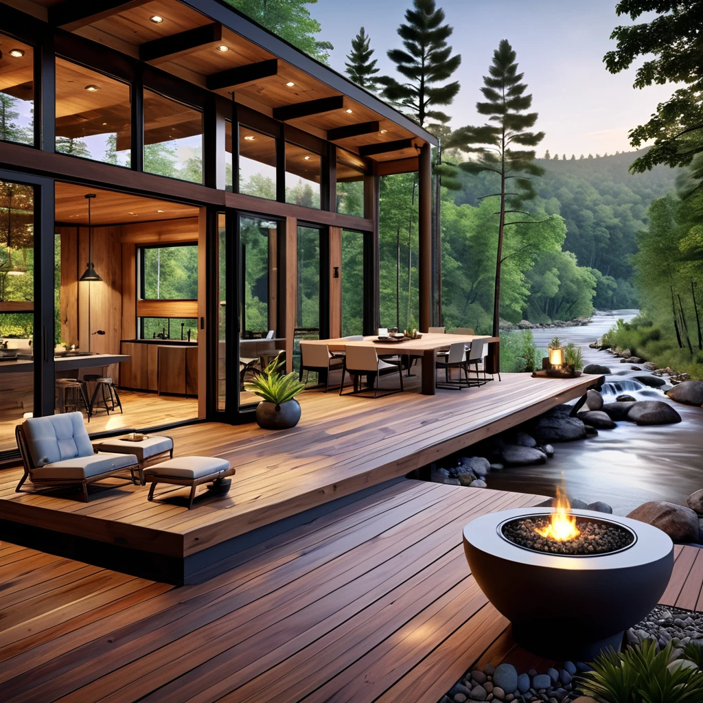 Design a modern cabin retreat with a stunning mountain and river view. The setting should feature a sleek wooden deck with contemporary furniture, including minimalist chairs and a modern coffee table. Incorporate soft lighting to create a calming ambiance. Enhance the natural beauty with strategically placed potted plants and a clear view of the surrounding forest and river. The design should blend modern elegance with the rustic charm of a cabin in the woods.
