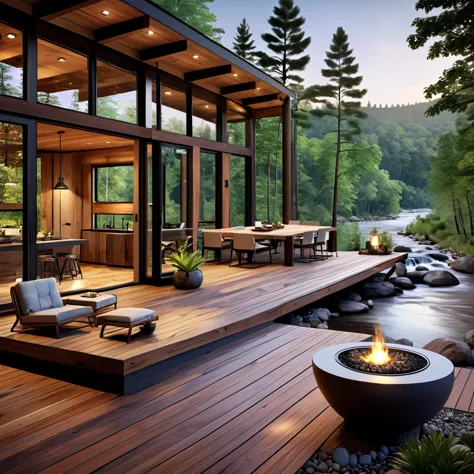 design a modern cabin retreat with a stunning mountain and river view. the setting should feature a sleek wooden deck with conte...