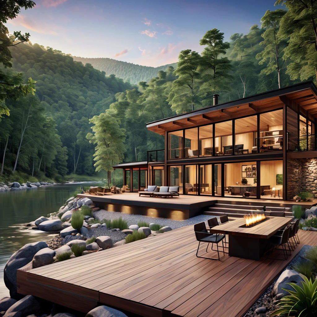 Design a modern cabin retreat with a stunning mountain and river view. The setting should feature a sleek wooden deck with contemporary furniture, including minimalist chairs and a modern coffee table. Incorporate soft lighting to create a calming ambiance. Enhance the natural beauty with strategically placed potted plants and a clear view of the surrounding forest and river. The design should blend modern elegance with the rustic charm of a cabin in the woods.
