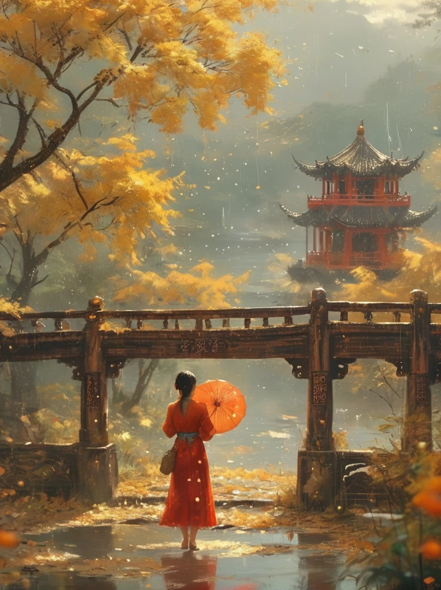 （Best quality，8K，high resolution，masterpiece:1.2），Ultra Detail，（lifelike，Photorealism，Photorealism:1.37），(Girl holding an oil-paper umbrella:1.3)，Girls Focus，Close shot，Stand on a small bridge，Running Water，Ancient Town，Jiangnan Scenery，antique，Spring rain，light rain，beauty，beautydelicate eyes，beautydelicate lips，Extremely detailed eyes and face，Long eyelashes，Chinese traditional clothing，Chinese Architecture，illustration，The image is bright，rich and colorful，Fine details