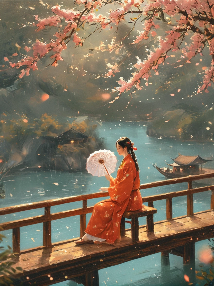 （Best quality，8K，high resolution，masterpiece:1.2），Ultra Detail，（lifelike，Photorealism，Photorealism:1.37），(Girl holding an oil-paper umbrella:1.3)，Girls Focus，Close shot，Stand on a small bridge，Running Water，Ancient Town，Jiangnan Scenery，antique，Spring rain，light rain，beauty，beautydelicate eyes，beautydelicate lips，Extremely detailed eyes and face，Long eyelashes，Chinese traditional clothing，Chinese Architecture，illustration，The image is bright，rich and colorful，Fine details