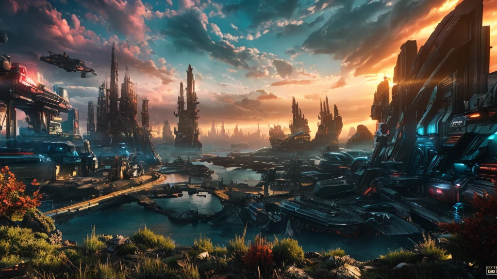 a vivid sci-fi landscape, cinematic atmosphere, dramatic lighting, hyper-detailed, photorealistic, 8k, HDR, physically-based rendering, masterpiece