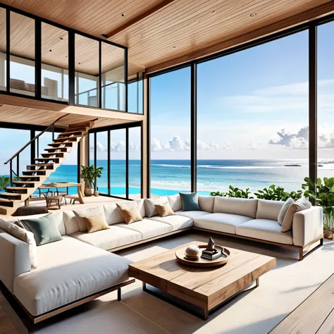 design a modern beach house interior with floor-to-ceiling glass windows showcasing a breathtaking ocean view. the living space ...