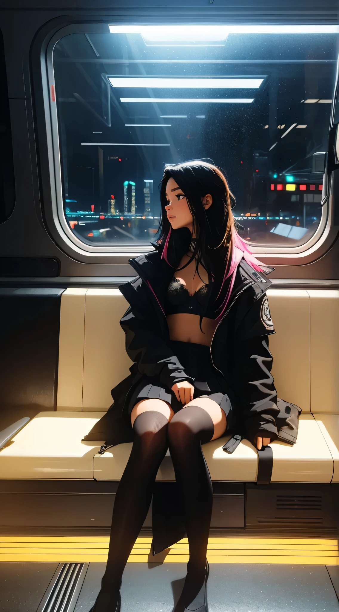 train du futur, cyberpunk,  sitting by the window,  pose pensives, Looking dreamily off in the distance, 
Landscape passing by at high speed, voyage de nuit, beautiful starry sky, Une belle fille avec, 
UHD Portrait, (High quality) (ultra details) Spectator in tenue de ville hip-hop style. open jacket, bra, short skirt, over the knee socks, striped; different, colourfull, colored  long hair 🌈
Back light. light through hair, low key lighting, deep shadows, dark scene. spotlight on face
