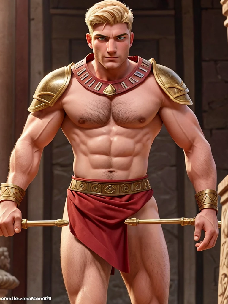 Ancient Rome. Muscular, with a carefully shaved face, no beard or mustache, a handsome, half-dressed, blond centurion of the Roman army, 45 years old. He fucks in the ass a red-haired slave boy of 18 years old, poorly dressed, who is in love with him. . there is joy and pleasure on the centurion's face