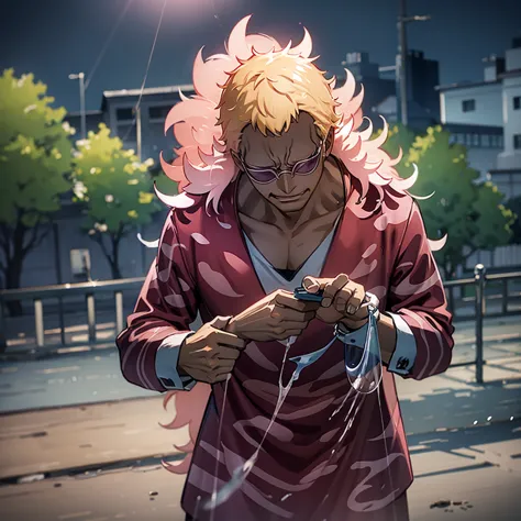 doflamingo washing dishes outside on a rainy day