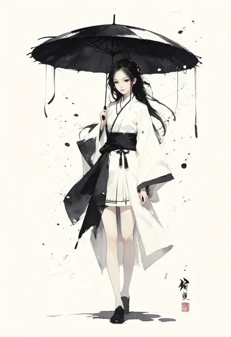 艺术ink painting，立体ink painting，minimalism，minimalism的图形，minimal art，chinese anime girl，whole body，chinese，，ink painting，umbrella，...