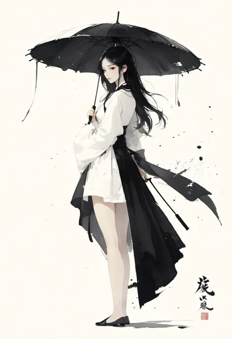 艺术ink painting，立体ink painting，minimalism，minimalism的图形，minimal art，chinese anime girl，whole body，chinese，，ink painting，umbrella，...