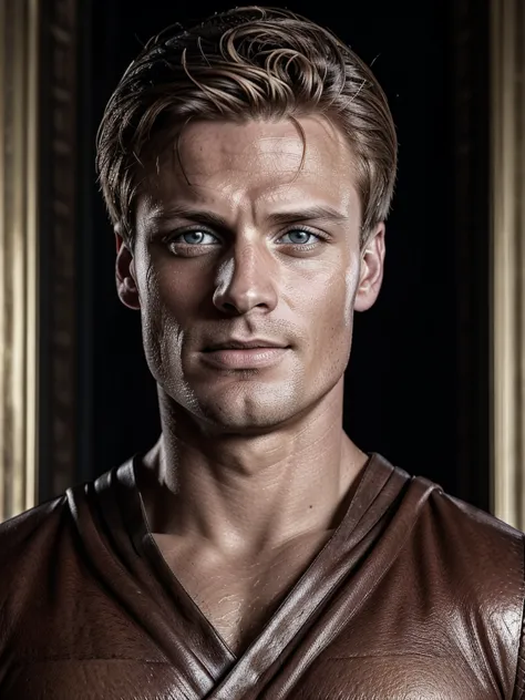 ancient rome. muscular, with a carefully shaved face, no beard or mustache, handsome, scantily dressed, blond bradley james, cen...