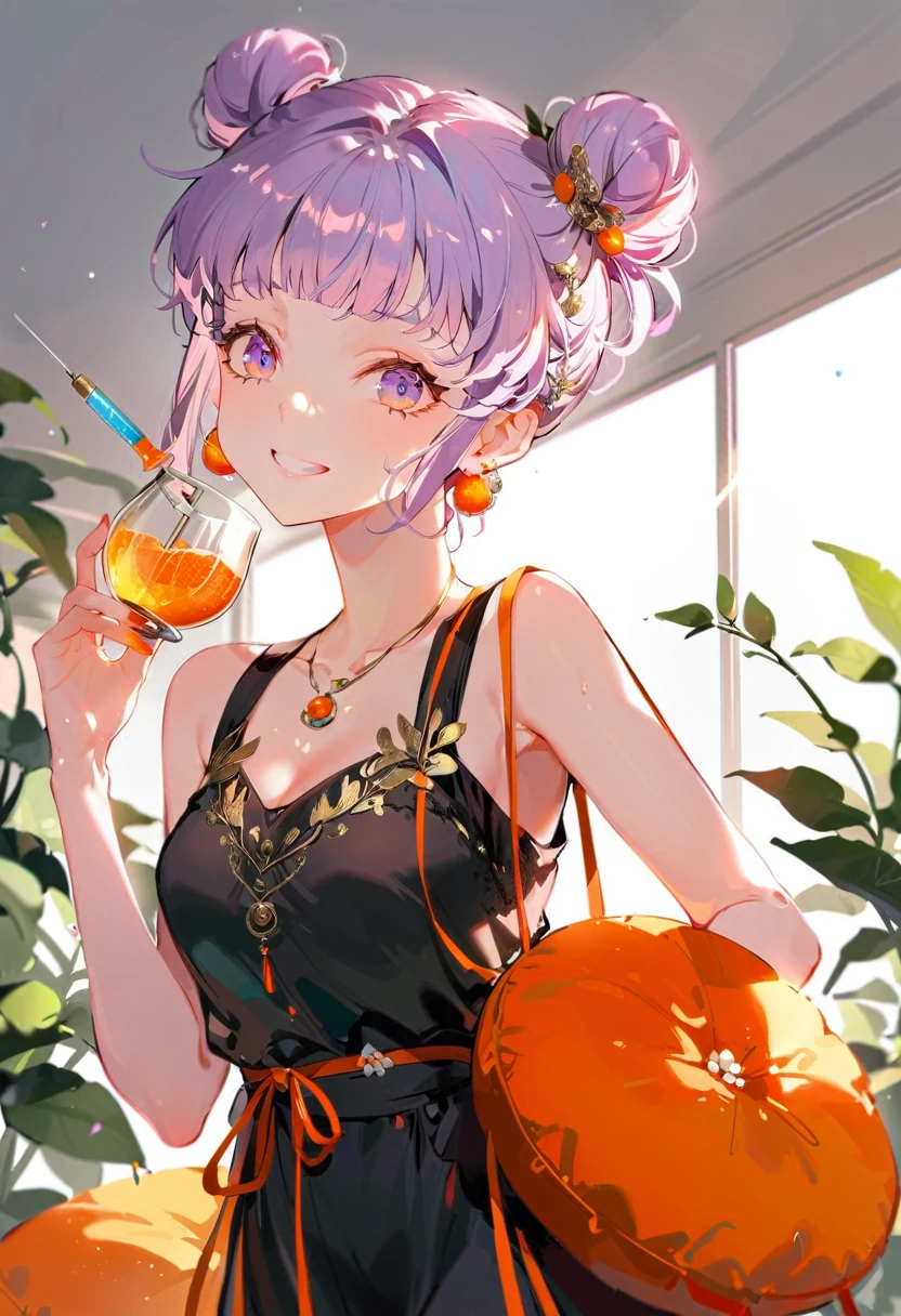 Purple hair girl painting、Glass mandarin orange earrings decorate both ears、Eye color: Ocean pink purple、Space Eyes、Poolside、(((Giant orange shaped cushion)))、((Hugging on a cushion))、Sit down, long hair、Bun Hair、Cool and complicated, Hand holding sliced orange, A very happy expression with plenty of orange juice、((The syringe contains orange juice))、Very embarrassed、The best smile、Open your mouth wide、Grin、目はclose、((Purple and black dress))、((Syringe Shoulder Bag)), Fun and lively characters, close( Perfect Anatomy )、Beautiful, translucent white skin、A purple dress slightly damp with sweat、Underwear is visible、quality\(8K,非常に精細なCGユニットのwallpaper, masterpiece,High resolution,top-quality,top-quality real texture skin,Super two-dimensional,Increase the resolution,RAW Photos,最高quality,Very detailed,wallpaper,Ray-tracing,Golden Ratio\),[Browsing Caution]、White and orange theme、Everything is orange except for the outfit, hairstyle, and eye color.、barefoot