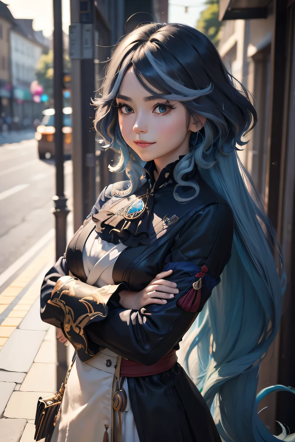 solo, woman, colorful outfit, black hair, long hair, floating hair, shiny hair, jewelry, light smile, detailed beautiful face and eyes, vivid color, cinematic lighting, jpeg artifacts, Eye-Level Shot, drop shadow, depth of field, hyperrealism, Ghibli-like colours, atmospheric perspective, tachi-e, masterpiece, retina, ccurate, best quality, highres, 4K, super detail