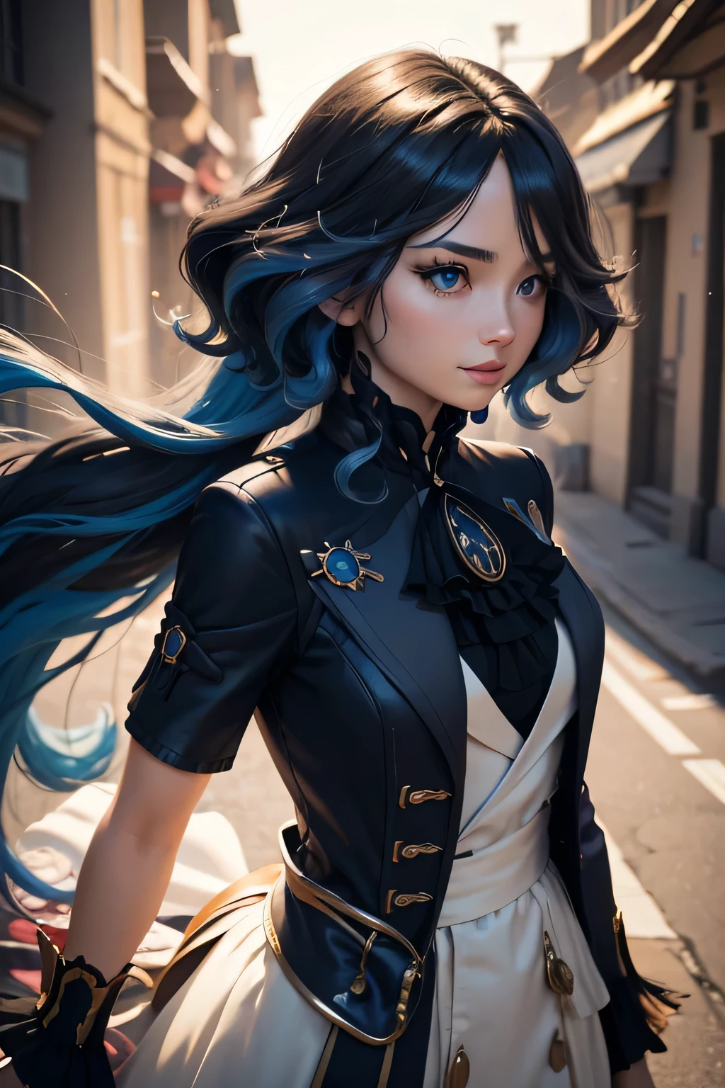 solo, woman, colorful outfit, black hair, long hair, floating hair, shiny hair, jewelry, light smile, detailed beautiful face and eyes, vivid color, cinematic lighting, jpeg artifacts, Eye-Level Shot, drop shadow, depth of field, hyperrealism, Ghibli-like colours, atmospheric perspective, tachi-e, masterpiece, retina, ccurate, best quality, highres, 4K, super detail